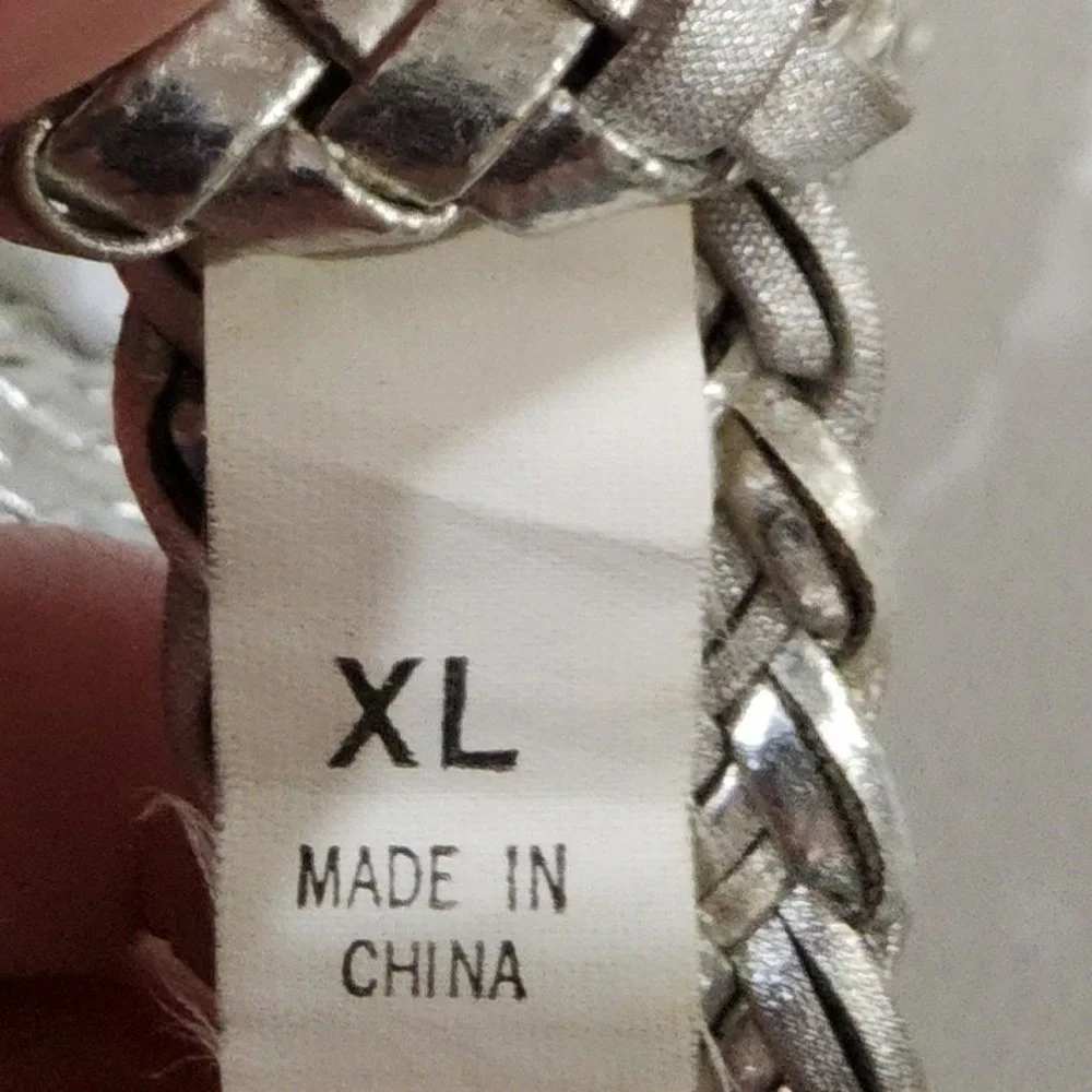 Silver Metallic Braided Woven Belt XL Adjustable Square Buckle Metal Tip Boho